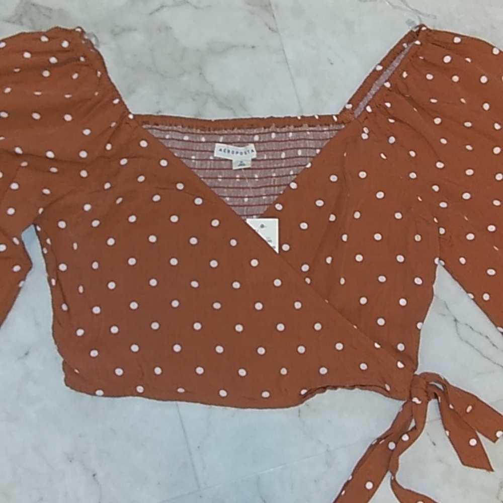 Aeropostale tie on long sleeve cropped blouse. - Picture 3 of 11